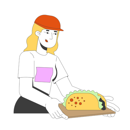 Blonde Fastfood-Mitarbeiterin serviert Taco auf Tablett  Illustration