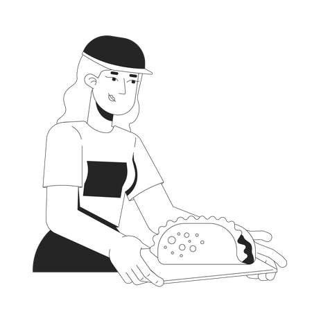 Blonde female fastfood worker serving taco on tray  Illustration