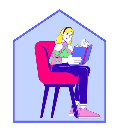 Blonde Frau entspannt mit Buch im gemütlichen Sessel zu Hause  Illustration