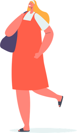 Blonde Frau geht im roten Kleid mit Handtasche  Illustration