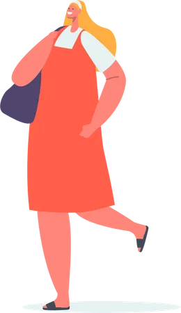 Blonde Frau geht im roten Kleid mit Handtasche  Illustration