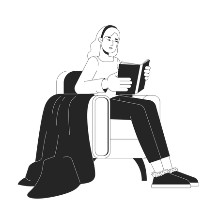 Blonde Frau liest Buch im gemütlichen Sessel  Illustration