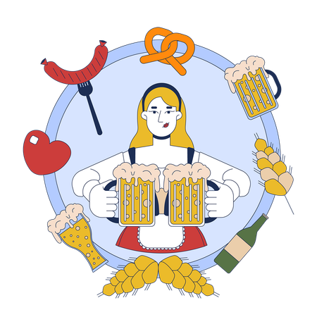 Blonde german waitress with beer mugs in frame  Illustration