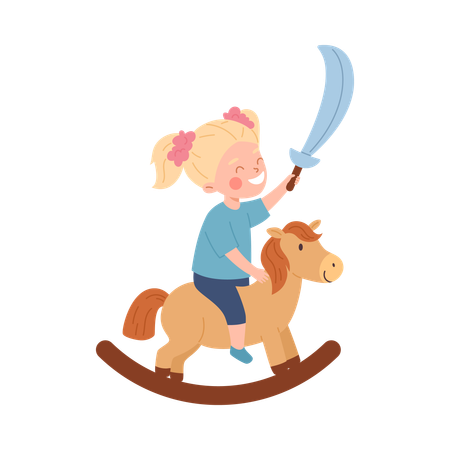 Blonde girl with saber rocking fun wooden horse  Illustration