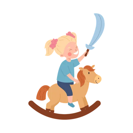 Blonde girl with saber rocking fun wooden horse  Illustration