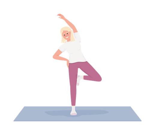 Blonde junge Frau wärmt sich auf Yogamatte auf  Illustration