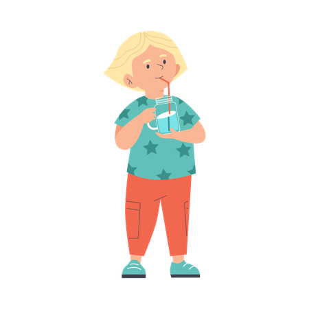 Blonde kid drink water from glass jar  Illustration
