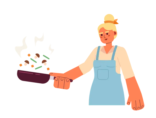 Blonde Woman Flipping Vegetables Semi Flat Colorful Vector Character Editable Half Body Chef Frying Food On Steel Pan On White Simple Cartoon Spot Illustration For Web Graphic Design Illustration