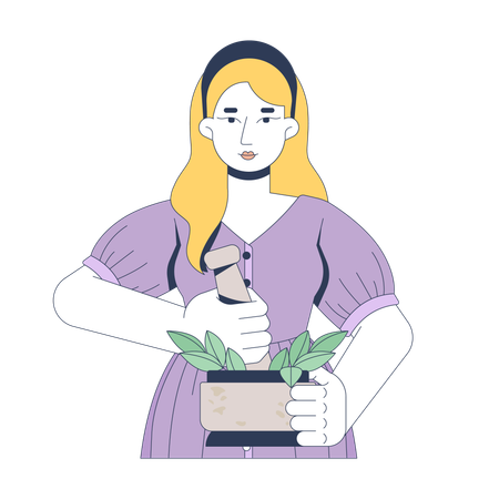 Blonde woman grinding fresh herbs with mortar pestle  Illustration