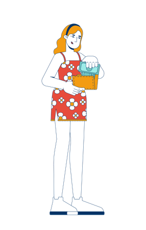 Blonde woman in floral dress taking money from wallet  Illustration