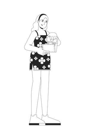 Blonde woman in floral dress taking money from wallet  Illustration