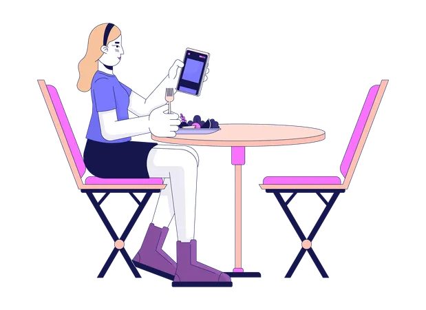 Blonde Woman On Phone While Eating 2 D Linear Cartoon Character Caucasian Female Scrolling Smartphone Isolated Line Vector Person White Background Girl Sitting At Table Color Flat Spot Illustration Illustration