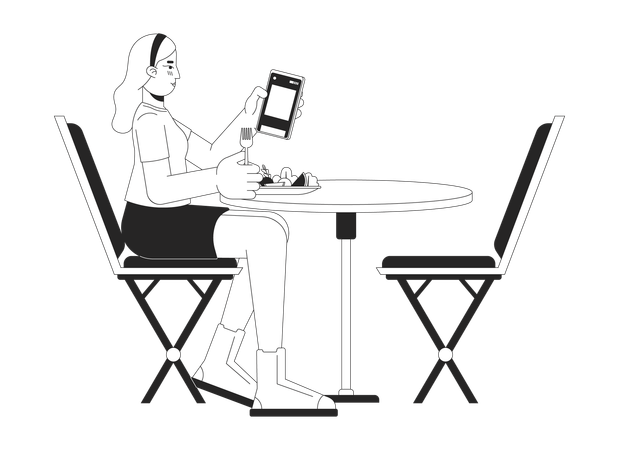 Blonde woman on phone while eating  Illustration