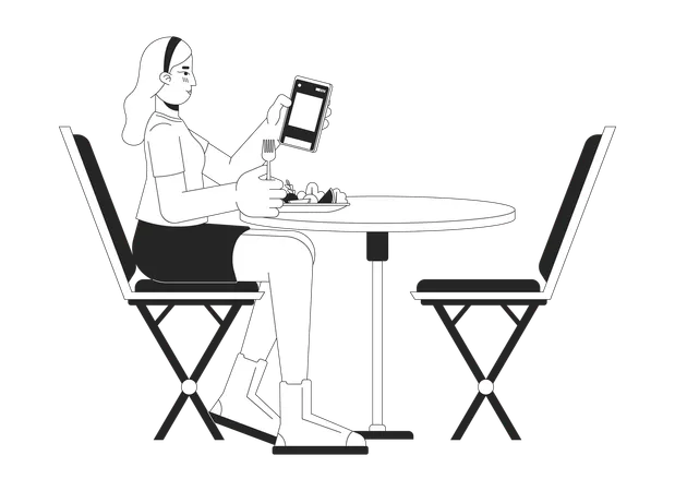 Blonde Woman On Phone While Eating Black And White 2 D Line Cartoon Character Caucasian Female Scrolling Smartphone Isolated Vector Outline Person Girl At Table Monochromatic Flat Spot Illustration Illustration