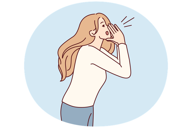 Blonde woman putting hands to mouth screaming inviting everyone to promotion or sale  Illustration