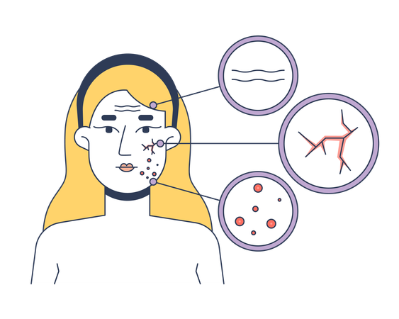 Blonde woman skin problems face diagram  Illustration