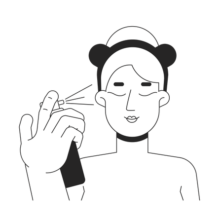 Blonde woman spraying facial mist onto face  Illustration