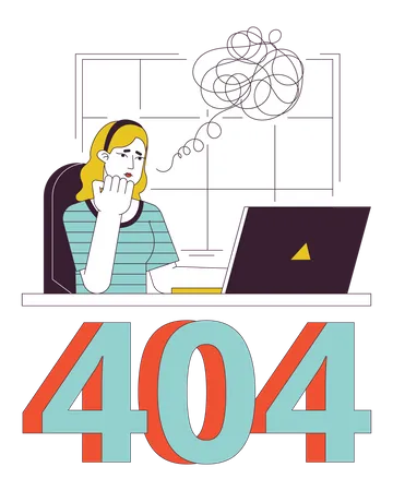 Caucasian Blonde Woman Thoughts Error 404 Flash Message Workplace With Laptop Empty State Ui Design Page Not Found Popup Cartoon Image Vector Flat Illustration Concept On White Background Illustration