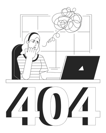 Blonde Woman Thoughts Black White Error 404 Flash Message Workplace With Laptop Monochrome Empty State Ui Design Page Not Found Popup Cartoon Image Vector Flat Outline Illustration Concept Illustration
