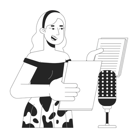 Blonde Woman Voiceover Artist Black And White 2 D Line Cartoon Character Caucasian Female Voice Actor Isolated Vector Outline Person Microphone Talk Dubbing Monochromatic Flat Spot Illustration Illustration