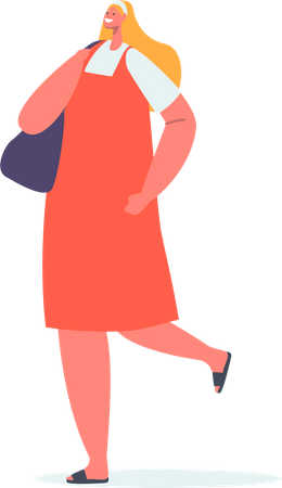 Blonde Woman Walk in Red Dress with Handbag  Illustration