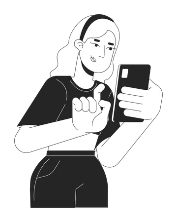 Blonde Young Woman Typing Mobile Phone Black And White 2 D Line Cartoon Character Caucasian Female Gen Z Isolated Vector Outline Person Texting Chatting Online Monochromatic Flat Spot Illustration Illustration