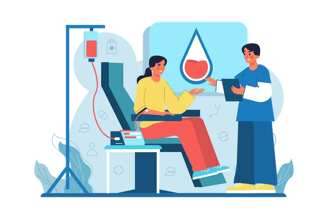 Blood Transfusion Medicine Blue Concept With People Scene In The Flat Cartoon Design The Girl Came To The Hospital To Give Blood As A Donor Vector Illustration Illustration