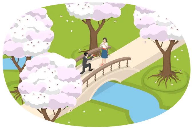 3 D Isometric Flat Vector Conceptual Illustration Of Blooming Sakura Trees Couple Walking On The Bridge Illustration