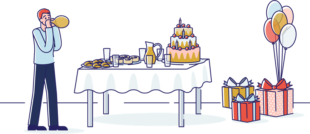 Blowing balloons for birthday celebration  イラスト