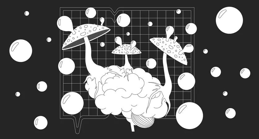 Blowing Bubbles Trippy Mushrooms On Brain Black And White Lofi Wallpaper Fly Agaric Affecting Organ 2 D Outline Scene Cartoon Flat Illustration Hallucinogenic Vector Line Lo Fi Aesthetic Background イラスト