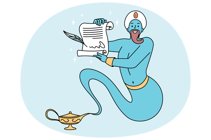 Blue genie from golden bottle holding paper granting wishes  Illustration