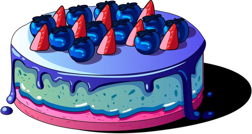 A Vibrant Cake Illustration Featuring Layers Of Luscious Pink And Green With A Topping Of Glossy Blueberries And Strawberries All Dripping With Rich Blue Icing Illustration