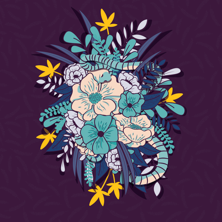 Blumendschungel mit nahtlosem Schlangenmuster, tropischen Blumen und Blättern, botanischer, handgezeichneter, lebendiger  Illustration