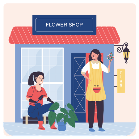 Besitzerinnen eines Blumenladens kümmern sich um die Pflanzen  Illustration