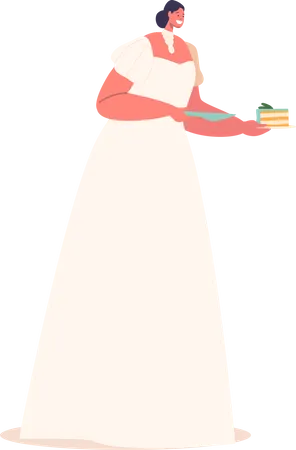 Blushing Bride Character Indulges In A Sweet Treat Savoring A Delicious Piece Of Cake On Her Wedding Day With Excitement And Gratitude In Her Heart Cartoon People Vector Illustration Illustration