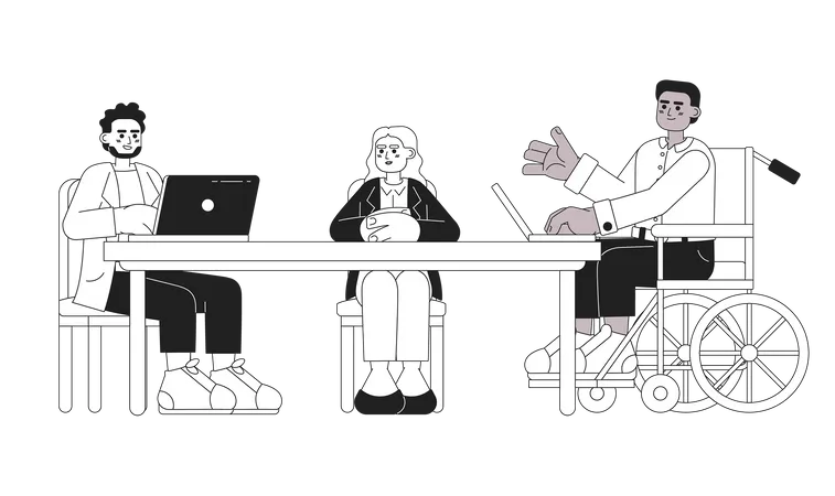 Boardroom Meeting Multicultural Black And White Cartoon Flat Illustration Diverse Leaders Discussing Linear 2 D Characters Isolated Brainstorming Inclusive Workplace Monochromatic Scene Vector Image Illustration