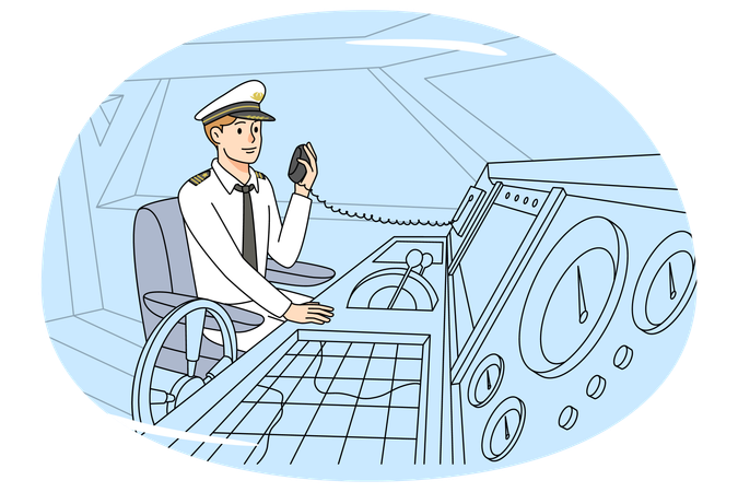 Boat captain in uniform talk on radio  Illustration