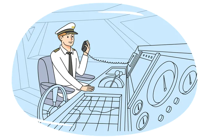 Boat captain in uniform talk on radio  Illustration