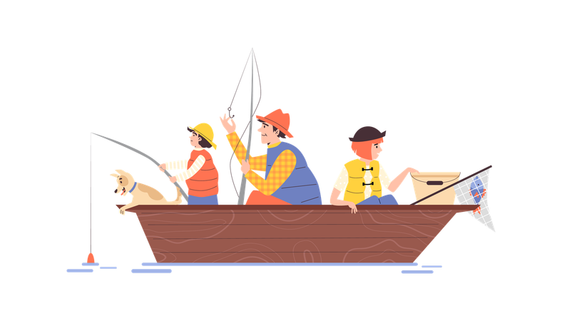 Boat with father and kids fishing on river  Illustration