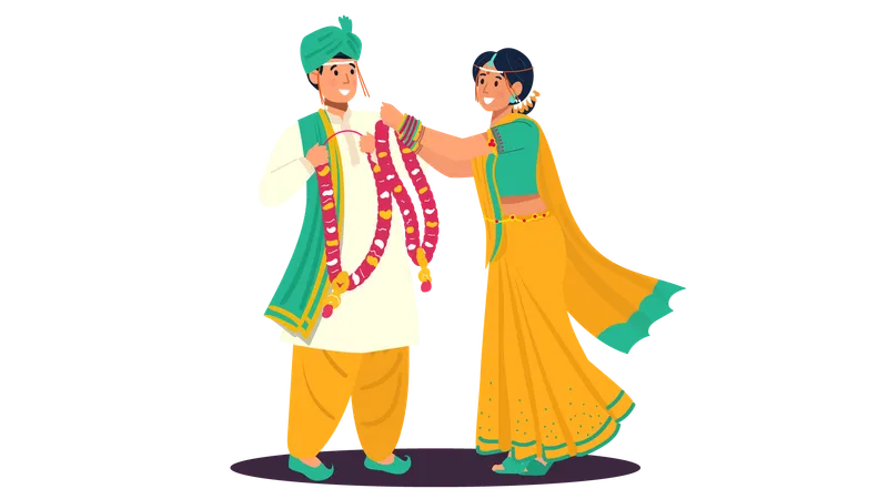 Pareja de novios de Maharashtrian, la novia y el novio, poniendo una ceremonia ritual de flores de guirnalda  Ilustración