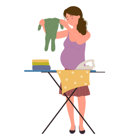 Mulher grávida segurando macacão de bebê  Ilustração