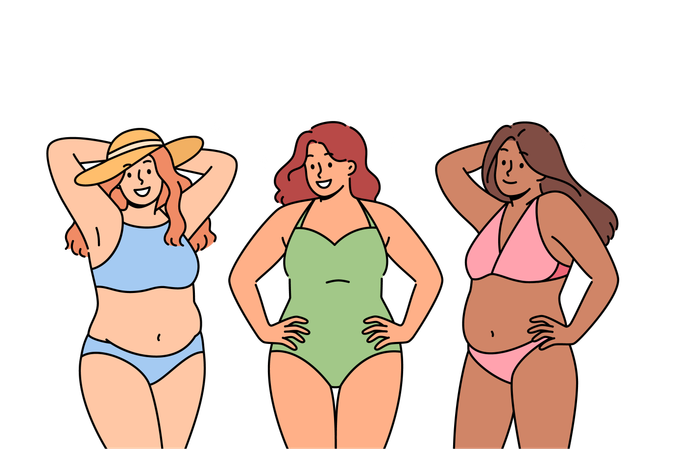 Body-positive Frauen in Badeanzügen lächeln und rufen dazu auf, stereotype Meinungen und Body-Shaming aufzugeben  Illustration