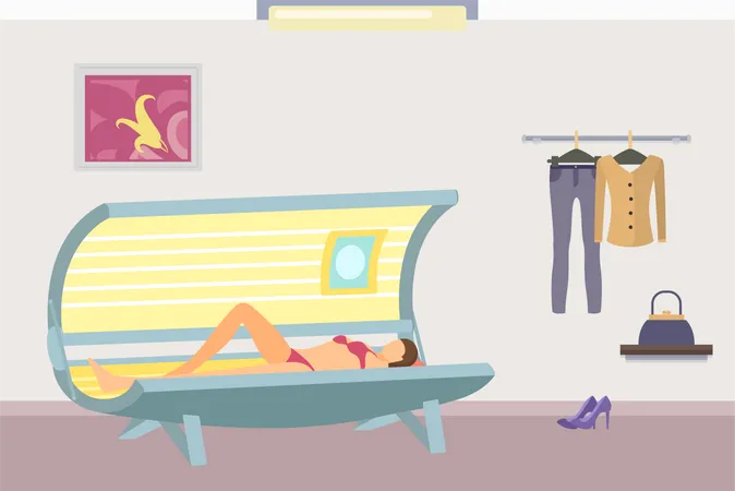 Body wrap and tanning in solarium of lady, parlor and clothes on hangers  Illustration