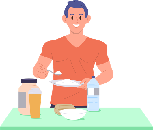 Bodybuilder Sportler Kochen Sportnahrung mischen Proteinpulver-Cocktail  Illustration