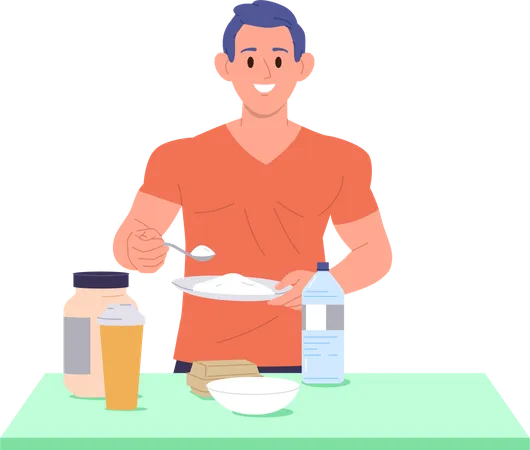 Bodybuilder athlete cooking sports food mixing protein powder cocktail  Illustration