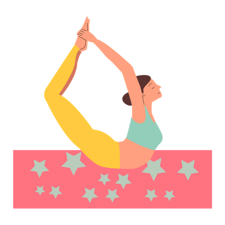 Bogen-Yoga-Pose - flexible Frau streckt sich auf dem Boden mit geschlossenen Augen  Illustration