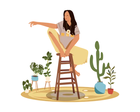 Bohemian girl Sitting on Chair Illustration