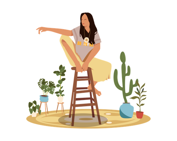 Bohemian girl Sitting on Chair  Illustration