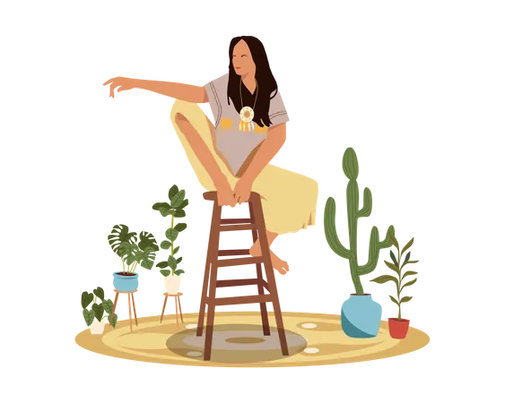 Bohemian girl Sitting on Chair  Illustration