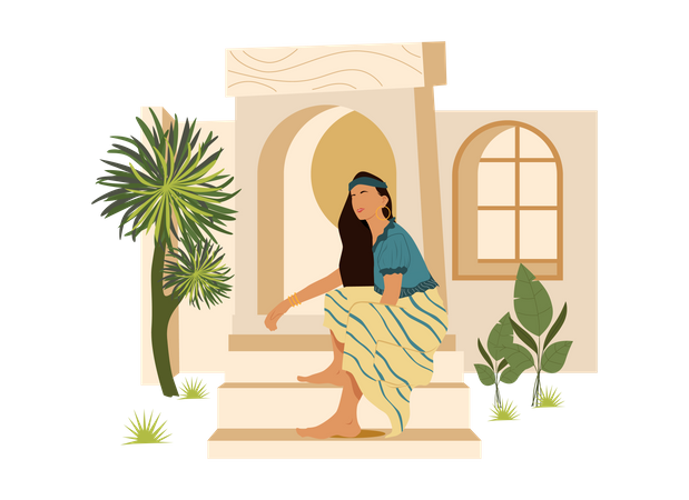 Bohemian girl sitting on stairs  Illustration